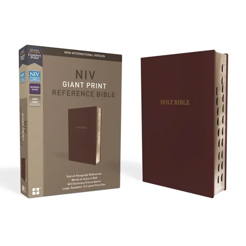 NIV, Reference Bible, Giant Print, Leather-Look, Burgundy, Red Letter Edition, Indexed, Comfort Print