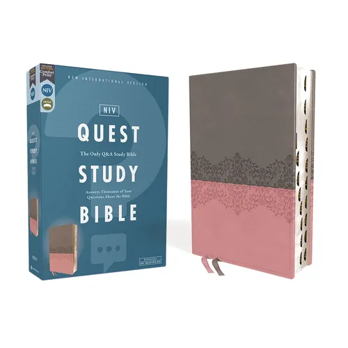 Niv, Quest Study Bible, Leathersoft, Gray/Pink, Thumb Indexed, Comfort Print: The Only Q and A Study Bible
