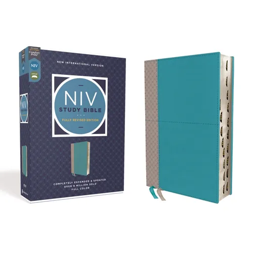NIV Study Bible, Fully Revised Edition, Leathersoft, Teal/Gray, Red Letter, Thumb Indexed, Comfort Print